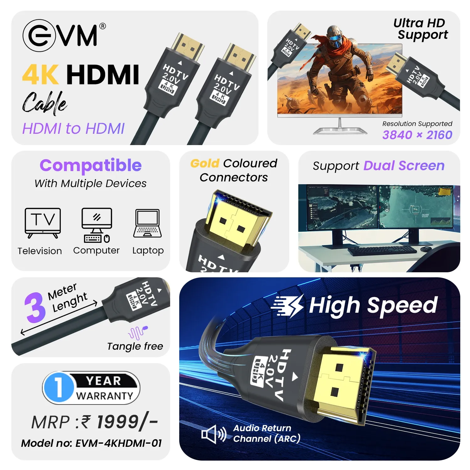 EVM HDMI Cable 3m 4K Heavy (EVM-4KHDMI-01) view 3